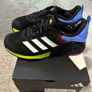 Adidas Dropset 4 trainers with White, Blue, and Neon Highlights